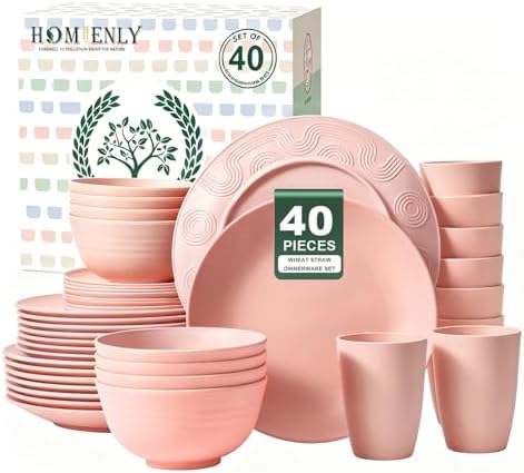 Homienly Unbreakable 40 PCS Wheat Straw Dinnerware Sets Service for 8 Pink
