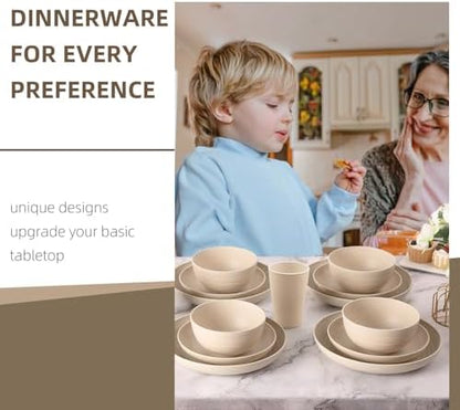 32 Pcs Wheat Straw Dinnerware Set for 8, Cream Reusable Plates and Bowls Set, Microwave Safe Lightweight Unbreakable Dishes Set for Kitchen, Camping, Outdoor, RV