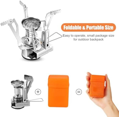Odoland 8pcs Camping Cookware Mess Kit, Camping Pot and Pan Set with Mini Backpacking Stove, Stainless Steel Cup, Spork and Tank Bracket, Cooking Gear for Outdoor, Hiking, Picnic, Campfire