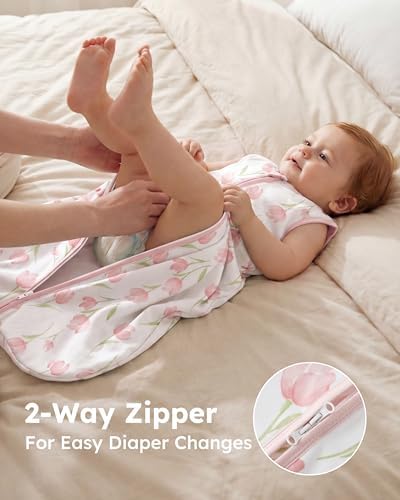 Baby Sleep Sack 0-6 Months 0.5 TOG, 100% Cotton Baby Wearable Blanket 2 Pack with 2-Way Zipper, Lightweight Sleep Bag for Boys ＆ Girls Newborn Infant Breathable Sleeing Sack Pink Tulip