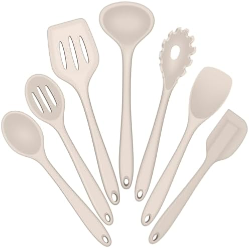 E-far Silicone Cooking Utensils Set, 7-Piece Khaki Heat Resistant Kitchen Utensils Set, Kitchen Nonstick Tools Spatula Ladle Spoon Pasta Server for Non-stick Cookware, Non-Toxic & Dishwasher safe