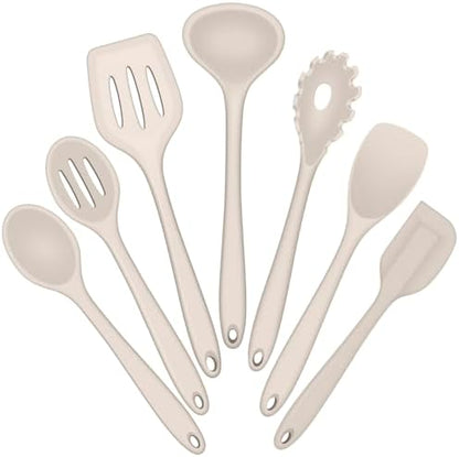 E-far Silicone Cooking Utensils Set, 7-Piece Khaki Heat Resistant Kitchen Utensils Set, Kitchen Nonstick Tools Spatula Ladle Spoon Pasta Server for Non-stick Cookware, Non-Toxic & Dishwasher safe