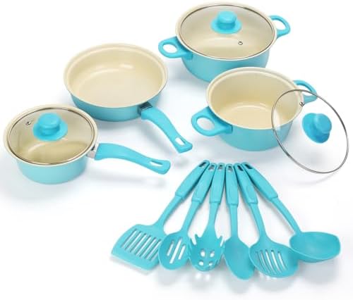 Non-Stick Cookware Set, 13 Piece Set Portable Lightweight Cast Iron Pots and Pans with Glass Lids and Nylon Utensils, Outdoor Camping Picnic Travel