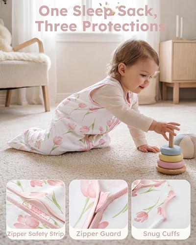 Baby Sleep Sack 0-6 Months 0.5 TOG, 100% Cotton Baby Wearable Blanket 2 Pack with 2-Way Zipper, Lightweight Sleep Bag for Boys ＆ Girls Newborn Infant Breathable Sleeing Sack Pink Tulip