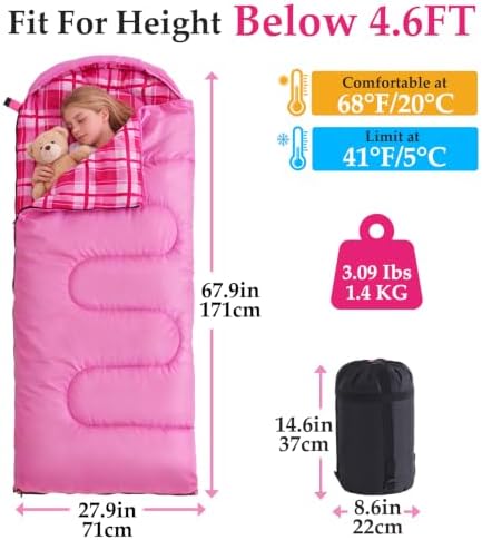 Uniqwamer Kids Sleeping Bag for Girls Boys - 4 Seasons Cold & Warm Weather Flannel Camping Sleeping Bags, Lightweight & Waterproof 45°F Sleeping Bag for Camping Hiking Outdoor Travel