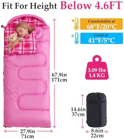 Uniqwamer Kids Sleeping Bag for Girls Boys - 4 Seasons Cold & Warm Weather Flannel Camping Sleeping Bags, Lightweight & Waterproof 45°F Sleeping Bag for Camping Hiking Outdoor Travel