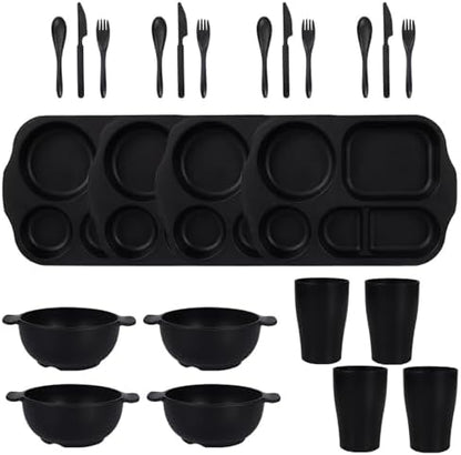 24 Pcs Wheat Straw Dinnerware Cutlery Sets,Unbreakable Divided Plates Bowls Cups Spoon Knife Fork for 4 People,Microwave Dishwasher Safe Tableware Cutlery for Party and Daily Use,Black