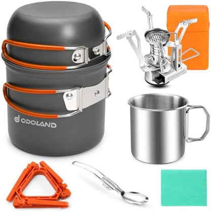 Odoland 8pcs Camping Cookware Mess Kit, Camping Pot and Pan Set with Mini Backpacking Stove, Stainless Steel Cup, Spork and Tank Bracket, Cooking Gear for Outdoor, Hiking, Picnic, Campfire