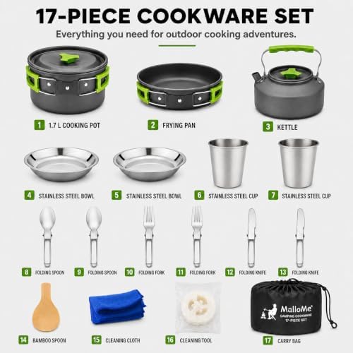 MalloMe Camping Cookware Mess Kit for Backpacking Gear – Camping Cooking Set - Camping Pots and Pans Set - Backpacking Stove/Portable Stove Compatible - Camp Kitchen Equipment Accessories Pot