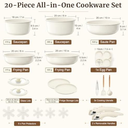 YASHE 20Pcs Nonstick Pots and Pans Set with Detachable Handles, Oven Safe