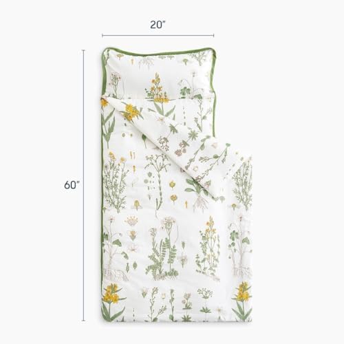 Wake In Cloud - Toddler Nap Mat with Pillow and Blanket, 100% Cotton Fabric, for Kids Girls Ages 3 Plus in Daycare Kindergarten Preschool, Sleeping Bag, Botanical Flowers
