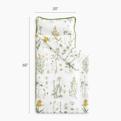 Wake In Cloud - Toddler Nap Mat with Pillow and Blanket, 100% Cotton Fabric, for Kids Girls Ages 3 Plus in Daycare Kindergarten Preschool, Sleeping Bag, Botanical Flowers