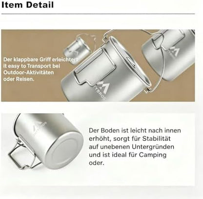 THTYBROS Titanium Cup Ultralight Camping Mug with Foldable Handle & Lid, Pure Titanium Cookware for Outdoor Hiking, Backpacking, Picnic, and Campfire