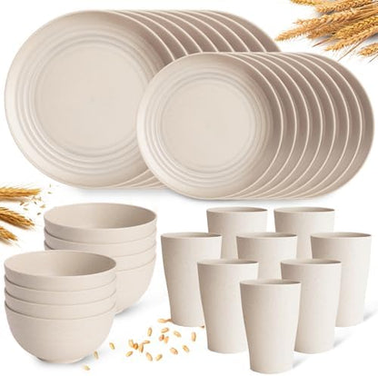 32 Pcs Wheat Straw Dinnerware Set for 8, Cream Reusable Plates and Bowls Set, Microwave Safe Lightweight Unbreakable Dishes Set for Kitchen, Camping, Outdoor, RV