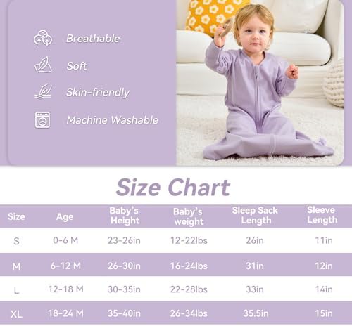 Baby Sleep Sack 6-12 Months, Long Sleeve Baby Wearable Blanket 0.5 Tog with Mittens, 2-Way Zipper Infant Cotton Sleeping Sack for Boy and Girl Purple Butterfly 2 Pack (Medium)