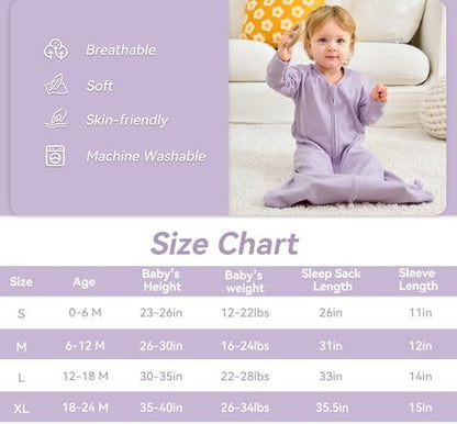 Baby Sleep Sack 6-12 Months, Long Sleeve Baby Wearable Blanket 0.5 Tog with Mittens, 2-Way Zipper Infant Cotton Sleeping Sack for Boy and Girl Purple Butterfly 2 Pack (Medium)