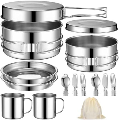 Funnymoom 14 Piece Camp Cooking Set, Stainless Steel Camping Cookware with Pot and Pan Kit 2 Set Stainless Steel Cups Plates Forks Knives Spoons for Camping, Backpacking, Outdoor Cooking and Picnic
