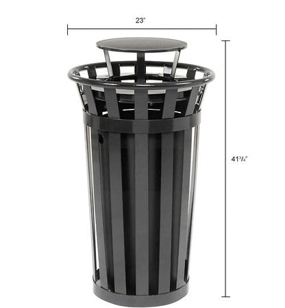 Global Industrial 24 Gallon Heavy-Duty Outdoor Metal Slatted Round Trash Receptacle with Rain Bonnet Lid, Powder Coat Finish, 23" Diameter x 41-3/4"H, Black