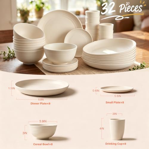 Wheat Straw Dishes Set Service for 8, Reusable Plastic Dinnerware Set 32 PCS, Kitchen Plates and Bowls sets, Unbreakable Microwave and Dishwasher Safe Camping Dishes for RV, Outdoor - Beige