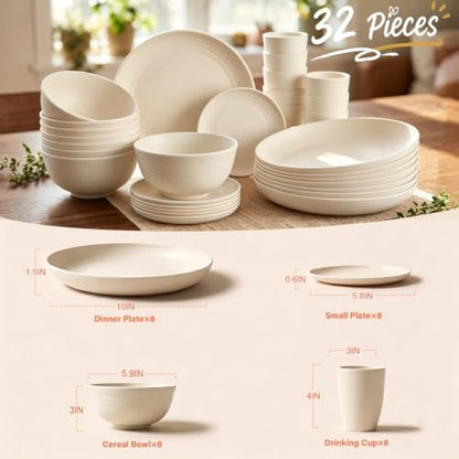 Wheat Straw Dishes Set Service for 8, Reusable Plastic Dinnerware Set 32 PCS, Kitchen Plates and Bowls sets, Unbreakable Microwave and Dishwasher Safe Camping Dishes for RV, Outdoor - Beige