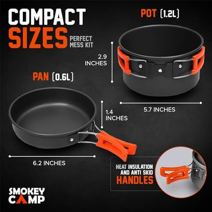Smokey Camp Camping Cookware Mess Kit Set with Stove - Backpacking Camping Pots and Pans Set, All in One Non-Stick Camping Cooking Set, Portable Stove, Hiking, Picnic, Outdoor & Camping Cookware Set