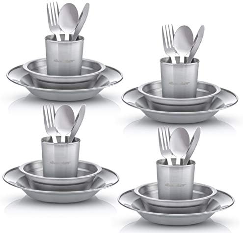 Wealers Unique Complete Messware Kit Polished Stainless Steel Dishes Set| Tableware| Dinnerware| Camping| Buffet| Includes - Cups | Plates| Bowls| Cutlery| Comes in Mesh Bags (4 Person Set)