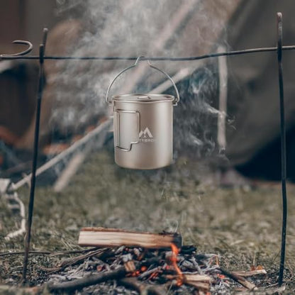 THTYBROS Titanium Cup Ultralight Camping Mug with Foldable Handle & Lid, Pure Titanium Cookware for Outdoor Hiking, Backpacking, Picnic, and Campfire