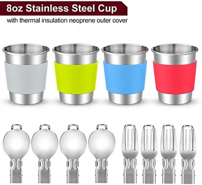 Odoland 22pcs Camping Cookware Mess Kit, Large Size Hanging Pot Pan Kettle with Base Cook Set for 4, Cups Dishes Forks Spoons Kit for Outdoor Camping Hiking Picnic