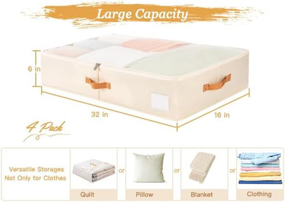 Criusia Under Bed Storage Bins with Clear PVC Lids – 4 Pack Large Underbed Organizers with Heavy-Duty Handles, Reinforced with 800G PP Panels & 80G Non-Woven Fabric – Waterproof & Foldable, Beige