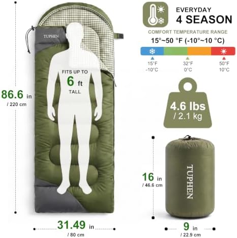 tuphen- Sleeping Bags for Adults Kids Boys Girls Backpacking Hiking Camping Microfiber Liner, Cold Warm Weather 4 Seasons Indoor Outdoor Use, Lightweight & Waterproof