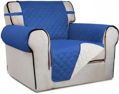 PureFit Reversible Quilted Sofa Cover, Water Resistant Slipcover Furniture Protector, Washable Couch Cover with Non Slip Foam and Elastic Straps for Kids, Pets (Chair, Classic Blue/Ivory), Small