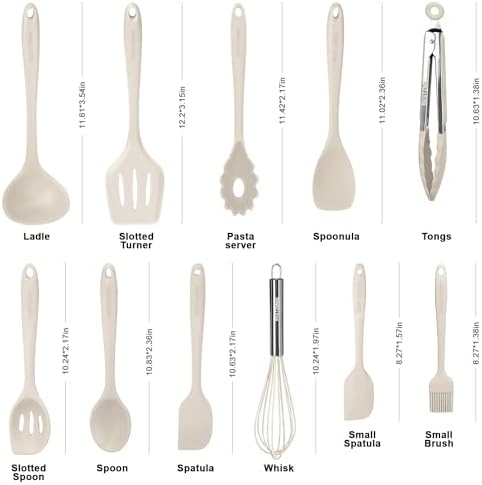 Kitchen Utensil Set - 11 Cooking Utensils - Colorful Silicone Kitchen Utensils - Nonstick Cookware with Spatula Set - Colored Best Kitchen Tools Kitchen Gadgets (Khaki)