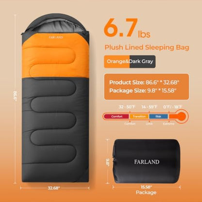 FARLAND Sleeping Bags for Adults Cold Weather & Camping, Fleece-Lined