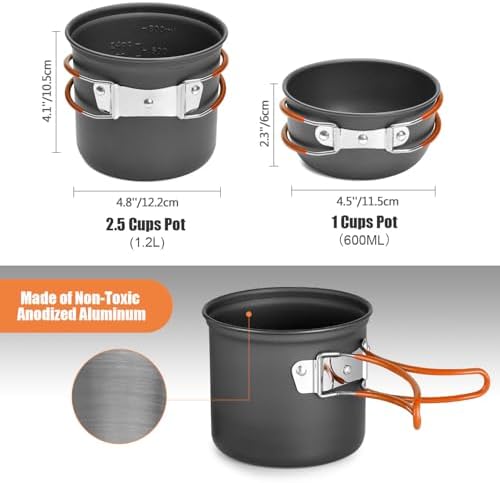 Odoland 8pcs Camping Cookware Mess Kit, Camping Pot and Pan Set with Mini Backpacking Stove, Stainless Steel Cup, Spork and Tank Bracket, Cooking Gear for Outdoor, Hiking, Picnic, Campfire