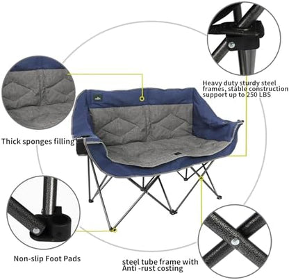Northroad Folding Loveseat Camping Chair Portable Double Duo Full Padded Garden Chair for 2 Person Sofa w/2 Cup Holder,Wine Glass Holder,Support 600lbs for Picnic Beach Travel (Blue)