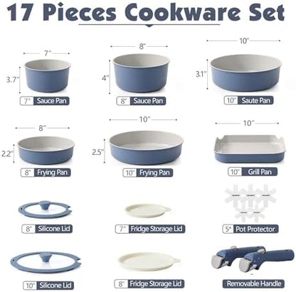 SENSARTE 17 Piece Ceramic Detachable Handle Pots and Pans Set Navy