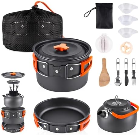 aiGear Camping Cookware with Pot Pan Kettle Cutlery Tableware 1-2 People