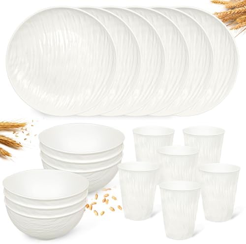 18pcs White Plastic PLates and Bowls Sets Heavy Duty includes Plastic Plates Reusable and Elegant Wheat Bowls and Rock-textured Design Cups for 6 People Outdoor Picnic,Camping Trip,Beach Day