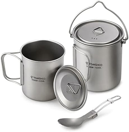 TOMSHOO 750ml Titanium Pot with Lid + 450ml Titanium Mug + Folding Spork