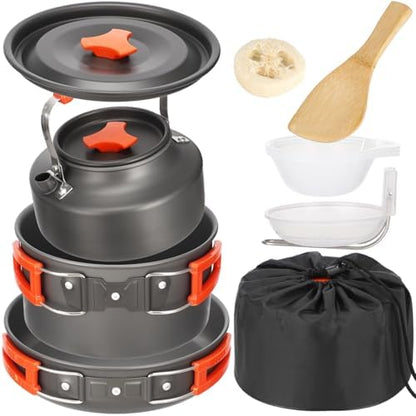 10 PCS Camping Cookware Set, Camp Pot Pan Kettle Plastic Bowls Soup Spoon, Lightweight Aluminum Outdoor Cooking Set with Drawstring Storage Bag for Backpacking Hiking RV Trip