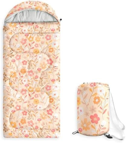 Wake In Cloud - Kids Sleeping Bag for Girls Toddlers, Camping in Warm Cold Weather, Backpacking Lightweight Compact Outdoor Liner for 3 Seasons, Deer Floral Garden