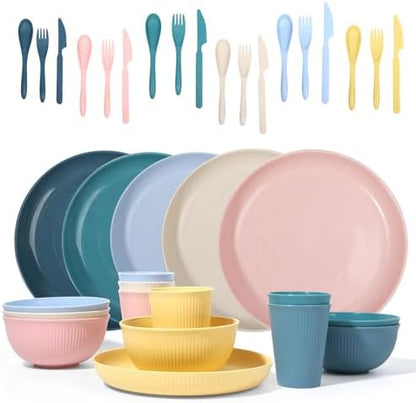 Wheat Straw Dinnerware Sets -DAPIPIK 36 Piece Unbreakable Dinnerware Sets for 6, Wheat Straw Plates and Bowls Set, Lightweight Camping Plates Cups and Bowls Set.Dishwasher Microwave Safe Dinnerware