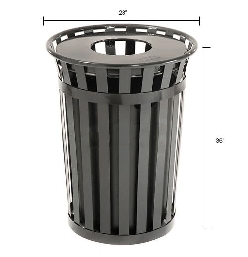 Global Industrial 36 Gallon Outdoor Slatted Steel Round Trash Can with Flat Lid, Plastic Liner & Anchor Kit Included, 28" W x 36" H, Commercial & Industrial Trash Can, Black