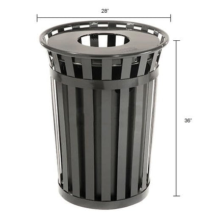 Global Industrial 36 Gallon Outdoor Slatted Steel Round Trash Can with Flat Lid, Plastic Liner & Anchor Kit Included, 28" W x 36" H, Commercial & Industrial Trash Can, Black