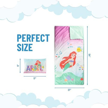 Jay Franco Kids Slumber Bag and Pillow - 54 x 27 Inch Comfy Indoor Sleeping Bag for School and Sleepovers, 2 Piece Set, Multi - The Little Mermaid