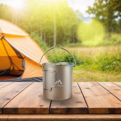 THTYBROS Titanium Cup Ultralight Camping Mug with Foldable Handle & Lid, Pure Titanium Cookware for Outdoor Hiking, Backpacking, Picnic, and Campfire