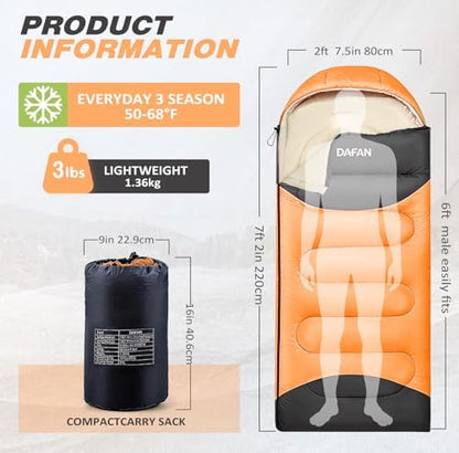 Lightweight Sleeping Bag for Adults, 3-Season Waterproof Backpacking Sleeping Bags with Compression Sack, Comfort Temp 50–68°F, Portable Camping Essential Gear for Travel, Hiking, Outdoor, Indoor