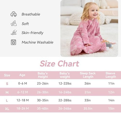 Baby Sleep Sack 18-24 Months, Long Sleeve Baby Wearable Blanket 0.5 Tog with Mittens, 2-Way Zipper Toddler Cotton Sleeping Sack for Boy and Girl Pink Rainbow 2 Pack(XLarge)