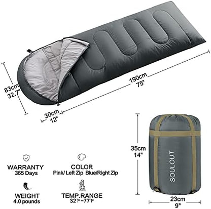 SOULOUT 3-4 Season Sleeping Bag for Adults & Teens - Camping