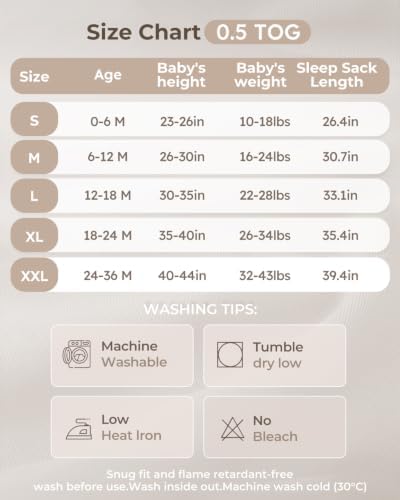 Yoofoss Baby Sleep Sack 6-12 Month 0.5TOG 100% Organic Cotton 2-Way Zipper